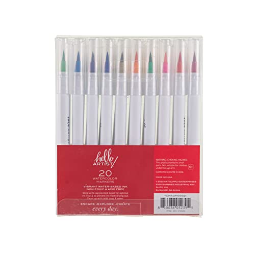 Image of Hello, Artist! Watercolor Brush Markers, 20 Pieces, Flexible Brush Tips, Non-Toxic and Acid-Free