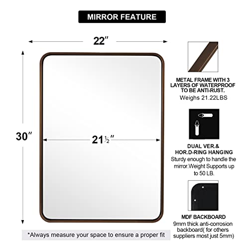 Image of ANDY STAR Bronze Bathroom Mirror, 22X30'' Bronze Mirrors for Wall, Rounded Rectangle Mirror for Bathroom Vanity Metal Framed, HD Reflection, Wall-Mounted Vertically or Horizontally