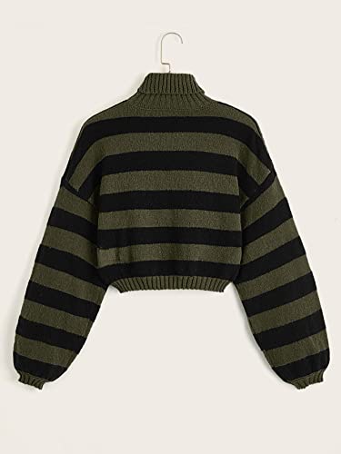 Image of WDIRARA Women's Striped Pattern Turtleneck Long Lantern Bishop Sleeve Stretchy Knitted Sweater