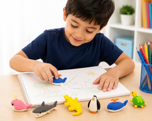 Image of SUPER TOY 6Pc Erasers for Kids Different Shapes, 3D Erasers Return Gifts Combo Pack Rubber for School Boys & Girls Stationery Supplies (Assorted Design)