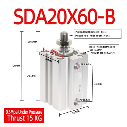 Cilindro neumático compacto SDA20 de 20mm de diámetro con rosca externa 3