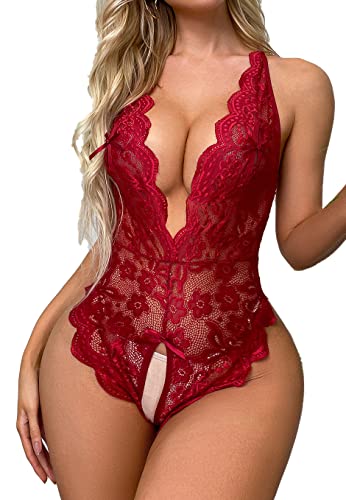 Lingerie Donna Sexy Intima Babydoll Camicia da Notte in Pizzo Trasparente Intima da Notte Scollo a V Aperto Erotics Sleepwear Hot Hollow Halter Lingerie Body Sexy Pigiama Set