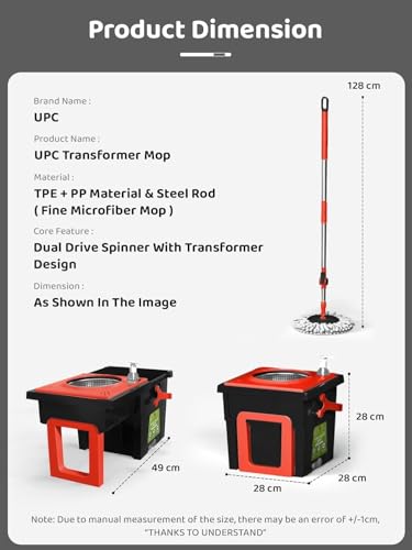 Image of UPC Spin Mop for Home Cleaning Floor | 360 Rotating Stainless Steel Spin Mop Stick with Bucket | Easy Spin Moppers for Cleaning Floor - Wet & Dry Use - Black Red