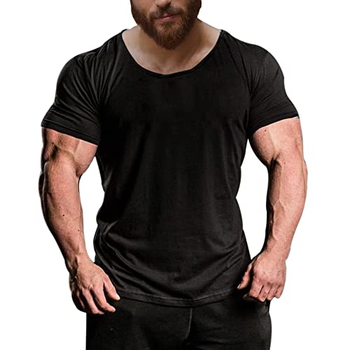 Men Scoop Neck T Shirts Short Sleeve Muscle Cut Tee Tops for Athletic Gym Workout Bodybuilding Build 100% Washed Cotton Color Black Size M