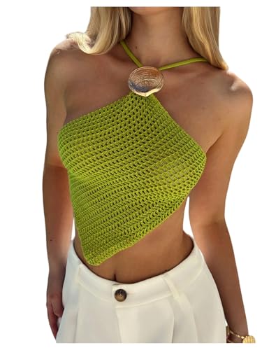 Verdusa Women's Shell Hollow Out Crochet Boho Tops Asymmetrical Backless