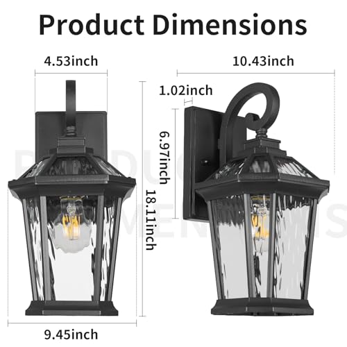 Image of JYZ 18 inch Outdoor Wall Light Lantern, Anti-Rust Exterior Wall Sconce with Hammered Water Ripple Glass, Waterproof Matte Black Outside Lighting Fixture for Front Door Porch Garage E26 Base