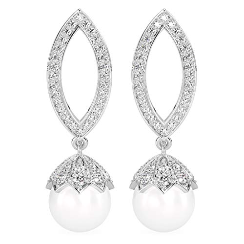 Image of CLARA 925 Sterling Silver Pearl Earrings | Rhodium Plated, Swiss Zirconia, Screw Back | Gift for Women & Girls
