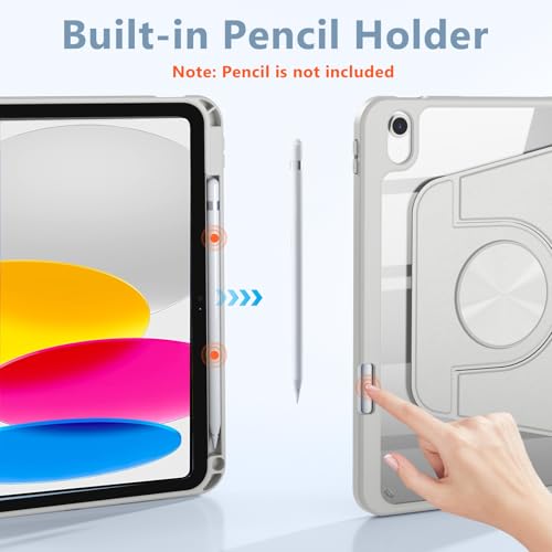 Wenlaty for iPad A16 Case 11th Generation 11 Inch 2025, for iPad 10th Generation Case 10.9 Inch 2022 with Pencil Holder, 360° Rotating Protective Stand Cover, Detachable Magnetic Clear Back, Gray by Wenlaty - Image 3