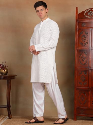 Image of See Designs Men's Full Sleeve Mandarin Collar Chikankari Embroidered Straight Kurta with Salwar
