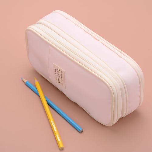 Image of Large Capacity Canvas Pencil Case Organizer Holder Pouch Bag with Zipper Compartments, Pen Cases for Women Girls School Adults (Pink)