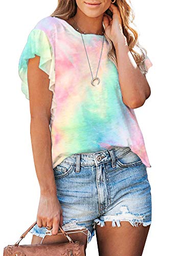 SAUKOLE Women's Ruffle Sleeve Round Neck Tie Dye Casual Loose Fit Tank Tops T-Shirt