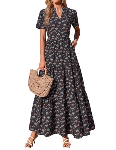 Image of KIRUNDO Womens Floral Boho Flowy Maxi Dress | Short Sleeve, V Neck, Empire Waist, A Line, 2026 Summer Beach Vacation Long Dresses With Pockets, Cocktail Party Outfits