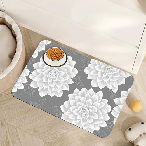 Dahlia Pet Feeding Mat, Gray/White Flowers, Non-Slip, 12