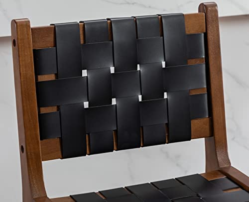 Butacos de bar Kmax de 28 pulgadas, estilo granja, con asiento de cuero sintético trenzado y patas de madera, con reposapiés, para isla de cocina — juego de 2, color negro miniatura 4