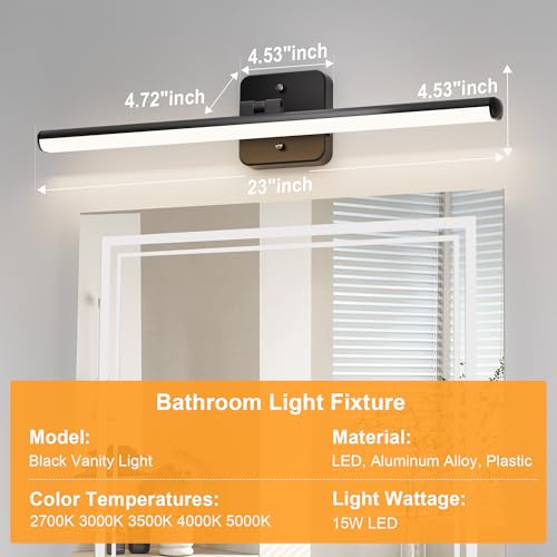 Sailstar Upgraded Rotatable Bathroom Vanity Light 23 inch, Dimmable 15W 5CCT 1500LM IP44 Modern Bathroom Lighting Fixtures Over Mirror, Built-in Dimmer, Black Vanity Light for Cabinets Mirror