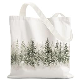 URLLUAE Winter Green Tree Tote Bag, Rustic Winter Snowy Tree Forest Landscape Christmas Canvas Tote Bags for Women, Christmas Farmhouse Xmas Holiday Reusable Grocery Shopping Bags
