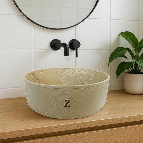 Waschbecken aus Keramik, elfenbeinfarben, 40 x 15 cm + passendes Glas – marokkanische Handwerkskunst Zayti – Riad-Stil – Installationsset mit Ablaufgarnitur – einzigartiges Modell für Badezimmer