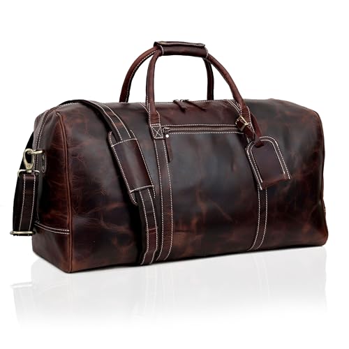 21 Inch Genuine Buffalo Leather Travel Duffle Bag | Overnight Weekend Leather Bag | Sports Gym Duffel for Men| Airplane Under Seat Carry on Bags (brown)