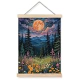 JINYO Boho Floral Moonlit Forest Mountain Wall Art Poster, Mountain Wall Decor, Watercolor Full Moon Night Nature Scenery Wall Art for Home Bedroom Living Room Office Decor, 12x16 Inches