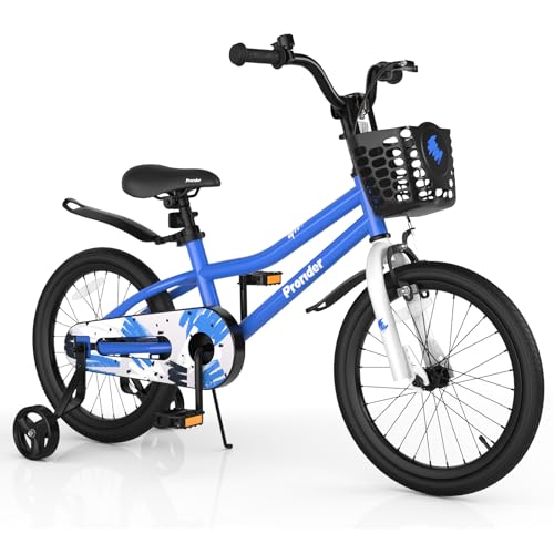 BABY JOY Kids Bike, 18 Inch Children Bikes for Boys Girls Age 4-8 Years w/Training Wheels, Handbrake, Coaster Brake & Removable Basket, Kids Bicycle of Multiple Colors