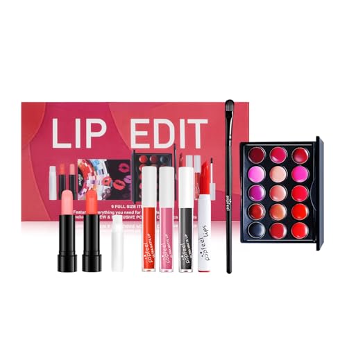 Set de Regalo de Maquillaje de Labios, Kit de Maquillaje Completo para Labios con 15 Colores Paleta de Brillo de Labios, Brocha, Lapiz Labial, Cosméticos Labios Maquillaje Kit para Mujeres Damas