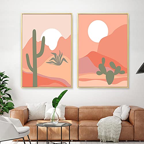 Toile Peinture Salon Moderne Cactus et Soleil Couchant Grand Format Affiche Bohème Chic x2