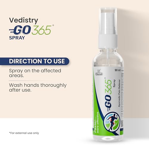 Image of Vedistry Go365 Ayurvedic Pain Relief Spray for Sprains & Sore Muscles | Fast and Quick Absorption & Groin Support for Injuries & Joint Care | Fast-Acting Relief for Pain, Swelling, Reduce Inflammation & Irritation for Back, Knee, Neck, Leg, Shoulder & Muscle Discomfort | Instant Cooling Action for Quick Recovery - 90 Ml (Pack of 2)