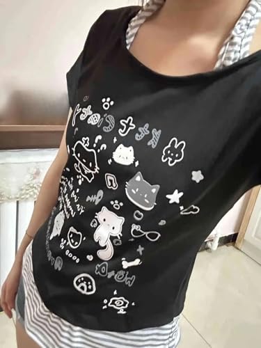 Image of Kawaii Cutecore Harajuku Y2k 2000s Tops Summer Preppy Aesthetic Alt Goth Emo Short Sleeve Graphic Tees