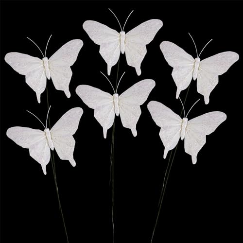 Cartanfill- Feather Fake Butterfly Balcony Decoration, Wedding Home Flower Pot Christmas Valentine's Day Fairy Garden Fairy Garden Supplies, White, 12pcs Wire