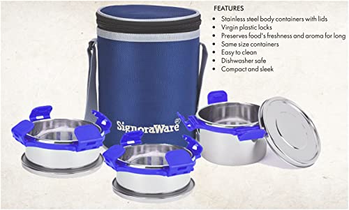 Image of Signoraware All Executive Stainless Steel Big Lunch Box with Bag | Airtight & Leakproof | Lightweght | Ideal for Picnic & Outdoors | Preserve Freshness | Compact Design (500ml + 350mlx2 | Violet)