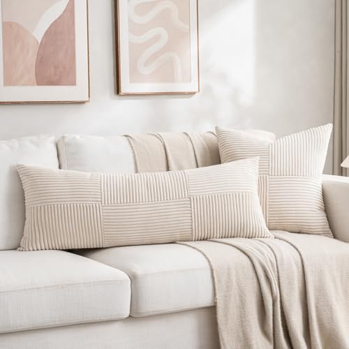 Image of Fancy Homi Set of 2 Cream Boho Long Lumbar Body Decorative Throw Pillow Cover 14x36 Inch for Bed Couch Bedroom Bench, Soft Patchwork Corduroy Textured Pillow Case, Rustic Farmhouse Room Decor