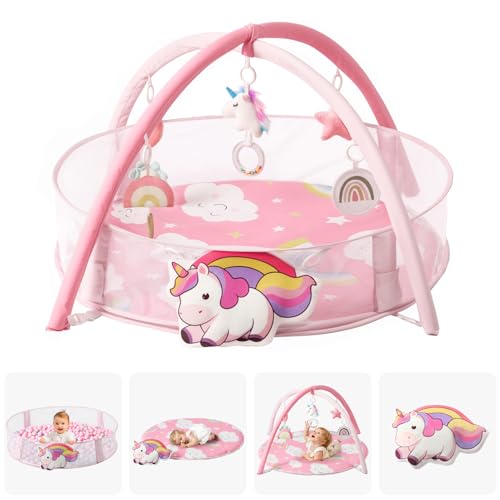 Image of 5-in-1 XL Large Baby Gym & Ball Pit, Play Mat & Play Gym, Unicorn Combination Baby Activity Gym with Milestone Cards for Sensory Exploration and Motor Skill Development, Balls are not Included