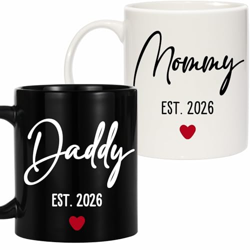 ZingSurp Mommy Daddy Coffee Mug Set EST 2026 for Expecting Parents – Pregnancy Announcement Mugs for New Parents, Baby Shower Gifts for Mom and Dad