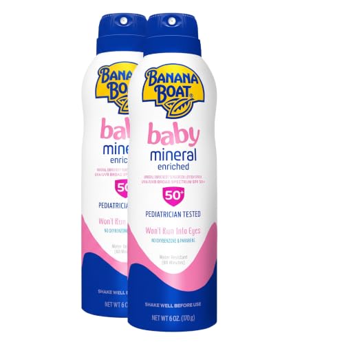 Banana Boat Baby Mineral Enriched Sunscreen, Won't Run Into Eyes, Broad Spectrum Sunscreen Lotion Spray, SPF 50, 6oz. (Pack of 2)