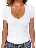 Sampeel Shirts for Women V Neck Trendy White T Shirts Spring Tops 2026 Fitted Summer Shirts Slim Fit Basic Tees Going Out Y2k Clothes M