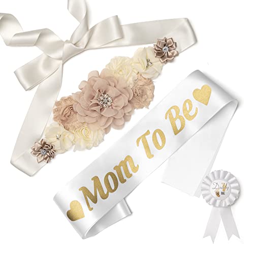 Image of Mom to Be Sash Baby Shower Decorations Set, Gender Reveal Party Gift for Expectant Parents, Dad to Be Pin Mommy Maternity Belly Band (Khaki & White)