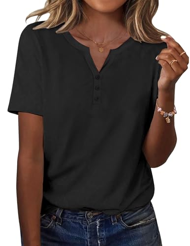 Zeagoo Maglietta Donna Manica Corta T-Shirt Estivo Scollo a V Elegante Maglia Camicia Casual Sciolto di Base Blusa Top Pulsanti Camicetta Henley Nero L