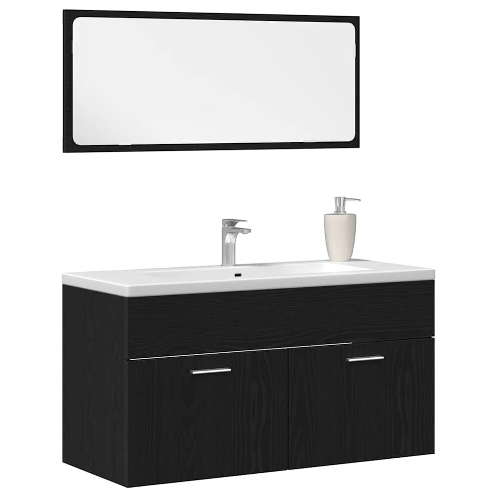 Zestaw mebli łazienkowych w kolorze czarnym o wyglądzie dębu, materiał drewnopochodny z umywalką, szafka pod umywalkę i lustro ścienne, 90 x 38,5 x 46 cm, nowoczesne wzornictwo wiszące dla