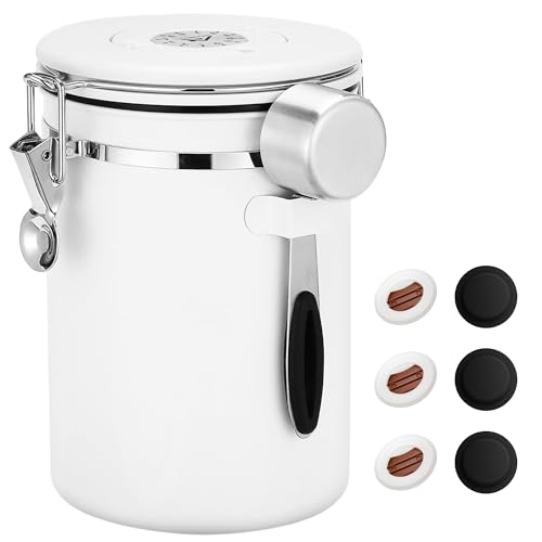 ShanSonコーヒーキャニスター 密封容器 ステンレス コーヒー豆酸化防止 遮光 日付表示 スプーン 単方向排気バルブ付き食品保存缶 砂糖 麦茶 茶葉 お菓子 珈琲 豆入れ 保存容器 ホワイト 1200/1500/1800mlの商品画像（Amazon）