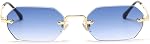 Men Rectangle Sunglasses Rimless Octagonal Small Glasses Women Metal Blue Brown
