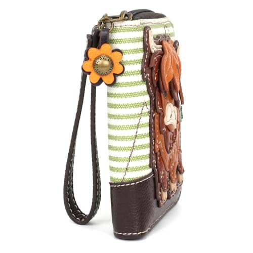 Image of CHALA Zip Around Wallet, Wristlet, 8 Credit Card Slots, Sturdy Pu Leather - Highland Cow - green stripe
