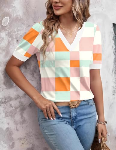 Image of Zeagoo Womens Short Sleeve Sweaters Soft Casual V Neck Pullover Tops Lightweight Knit Sweater Blouse