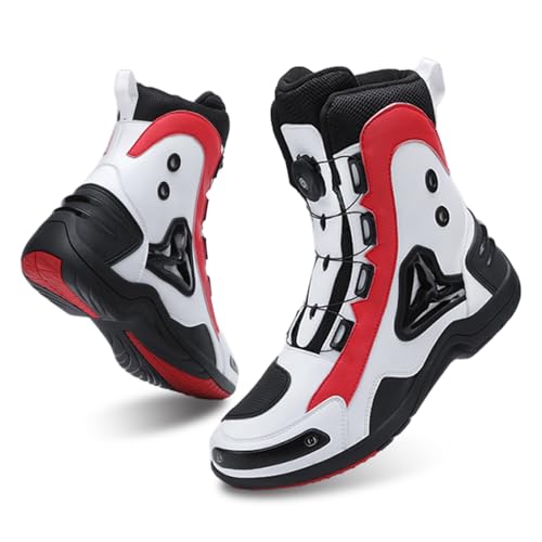 FHQGZT Chaussures de Moto pour Homme et Femme, Bottes de Moto Motard en Cuir Respirant avec Maintien de la Cheville, Semelles antidérapantes hydrofuges (White,42)