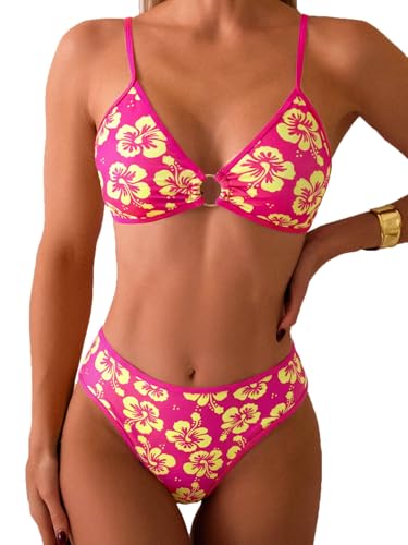 Image of Fanuerg Women's Triangle Bikini Sets O Ring Linked Two Piece Swimsuits Floral Printed Cheeky Bathing Suit