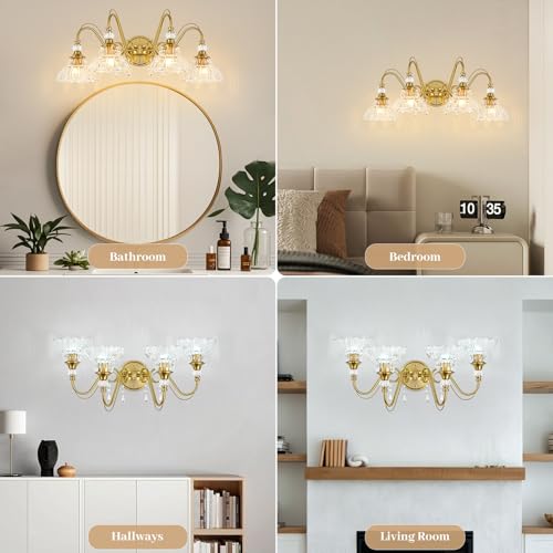 Image of Vintage Bathroom Vanity Light, 4-Light Brushed Gold Finish Wall Sconce with Hanging Crystal Accents and Flower-Shaped Clear Glass Shades, Retro Wall Mount Vanity Light Over Mirror for Bathroom