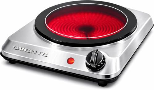 Image of OVENTE Countertop Infrared Single Burner,1000W Electric Hot Plate 7 inch Ceramic Glass Cooktop,5 Level Temperature Setting & Easy Clean Base,Compact Stove for Home Dorm Office,Silver BGI101S,(Pack of 6)