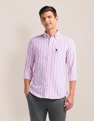 Image of U.S. Polo ASSN. Striped Regular Fit Cotton Shirts for Men - 100% Cotton, Full Sleeve Mens Casual Shirts