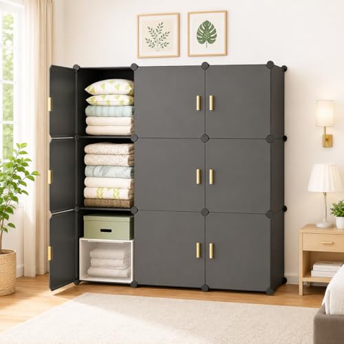 Image of 8 Door Kids Cartoon Wardrobe Storage Cabinet - DIY Modular Clothes Organizer with Hanging Cartoon Design Wardrobe with Multi for Bedroom, Living Room,Entryway
