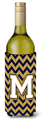 Caroline's Treasures CJ1057-MLITERK Letter M Chevron Navy Blue and Gold Wine Bottle Hugger Bottle Cooler Sleeve Hugger Machine Washable Collapsible Insulator Beverage Insulated Holder
