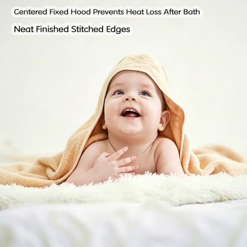 Image of Baby Hooded Bath Towel 31.5 inchx31.5 inch Ultra Absorbent Cloud-Soft Cozy Coral Fleece, for Newborn Infant Toddler Up to 3 Years, Unisex Bathrobe Blanket (Beige)
